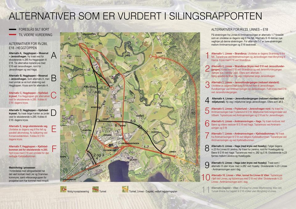 Som alternativ A, men med unntak av en kort strekning ved Heggtoppen. Kryss som for alternativ A. Alternativ C, Heggtoppen Kjellstadkrysset. Fra Heggtoppen går alternativet vest for eksisterende rv.