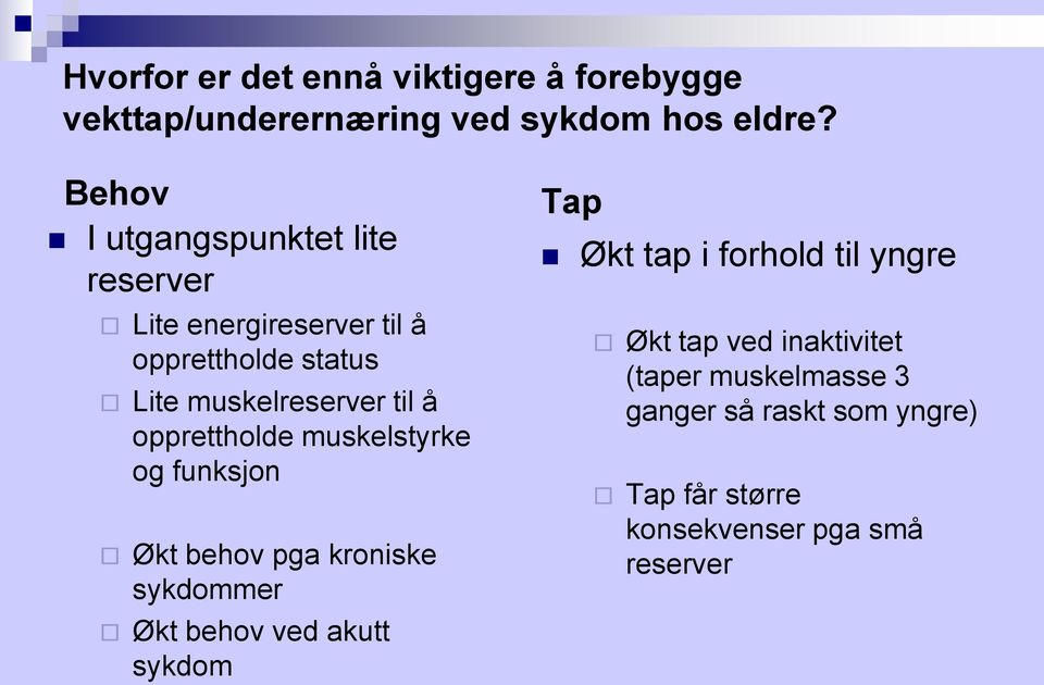 opprettholde muskelstyrke og funksjon Økt behov pga kroniske sykdommer Økt behov ved akutt sykdom Tap Økt tap