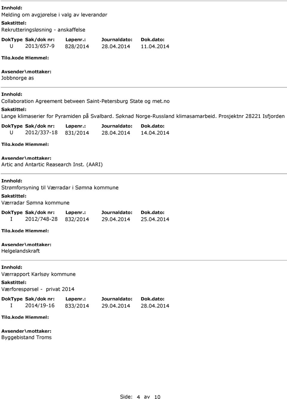 Søknad Norge-Russland klimasamarbeid. Prosjektnr 28221 sfjorden 2012/337-18 831/2014 14.04.2014 Artic and Antartic Reasearch nst.