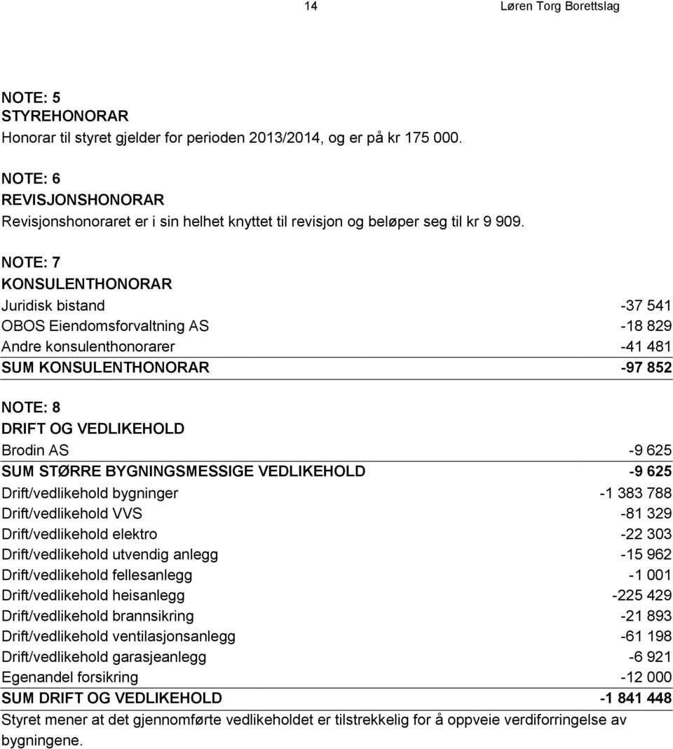 NOTE: 7 KONSULENTHONORAR Juridisk bistand -37 541 OBOS Eiendomsforvaltning AS -18 829 Andre konsulenthonorarer -41 481 SUM KONSULENTHONORAR -97 852 NOTE: 8 DRIFT OG VEDLIKEHOLD Brodin AS -9 625 SUM