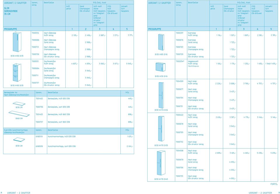 3 4 5 7000297 Overskap t 1 116,- 1 507,- 1 897,- 2 381,- 2 381,- 7000676 Overskap Sand 1 723,- 7000703 Overskap Champagne 1 723,- B:30 H:90 D:35 7000739 Høyt sideskap Eik struktur 2 988,- B:30 H:85