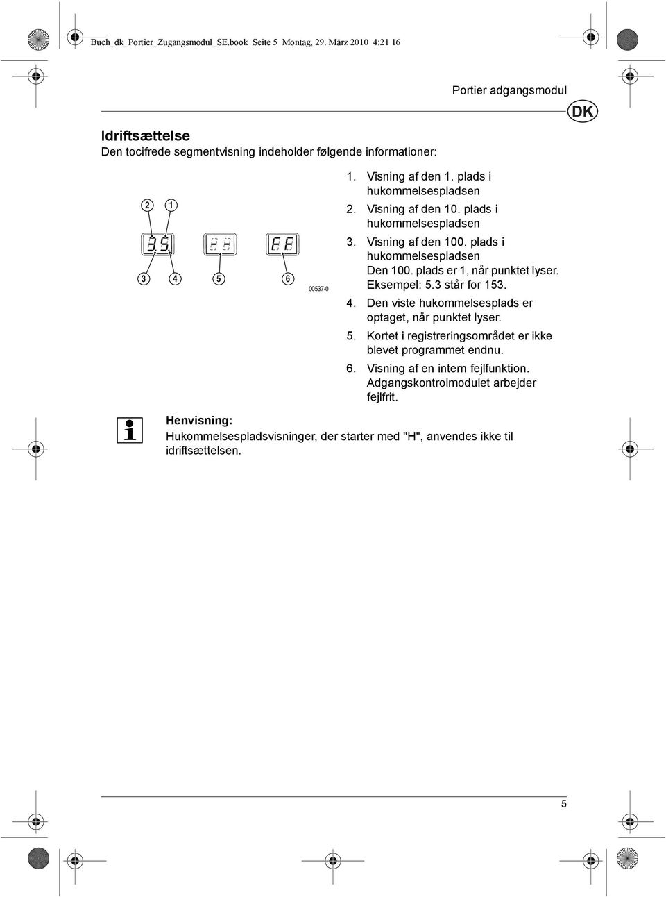 plads i hukommelsespladsen 2. Visning af den 10. plads i hukommelsespladsen 3. Visning af den 100. plads i hukommelsespladsen Den 100. plads er 1, når punktet lyser. Eksempel: 5.