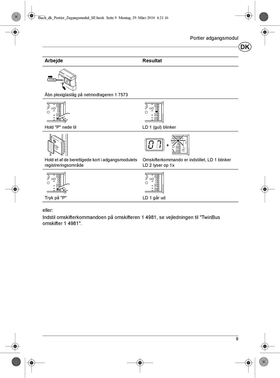 til LD 1 (gul) blinker Hold et af de berettigede kort i adgangsmodulets registreringsområde Omskifterkommando er