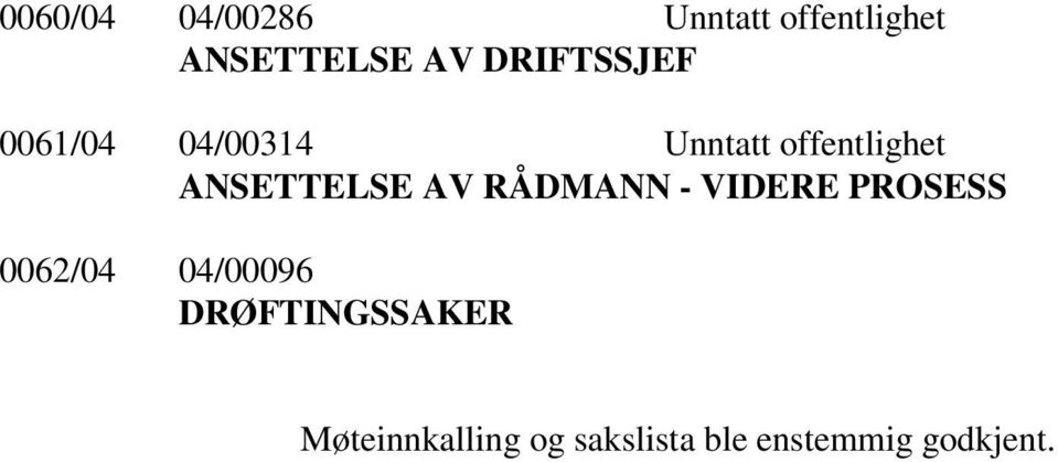 ANSETTELSE AV RÅDMANN - VIDERE PROSESS 0062/04 04/00096