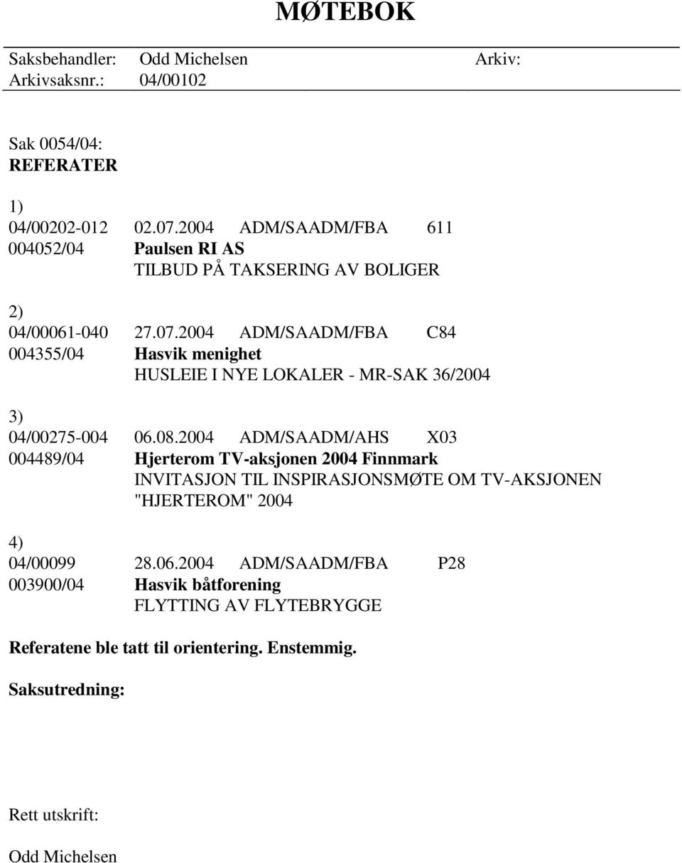 2004 ADM/SAADM/FBA C84 004355/04 Hasvik menighet HUSLEIE I NYE LOKALER - MR-SAK 36/2004 3) 04/00275-004 06.08.