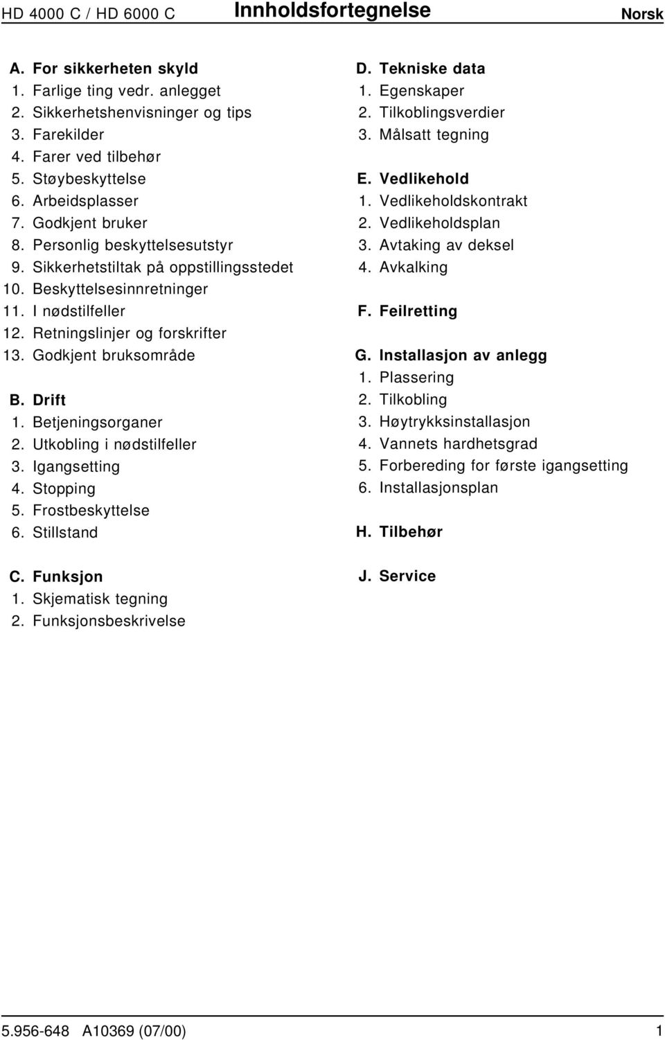 Godkjent bruksområde B. Drift 1. Betjeningsorganer 2. Utkobling i nødstilfeller 3. Igangsetting 4. Stopping 5. Frostbeskyttelse 6. Stillstand D. Tekniske data 1. Egenskaper 2. Tilkoblingsverdier 3.