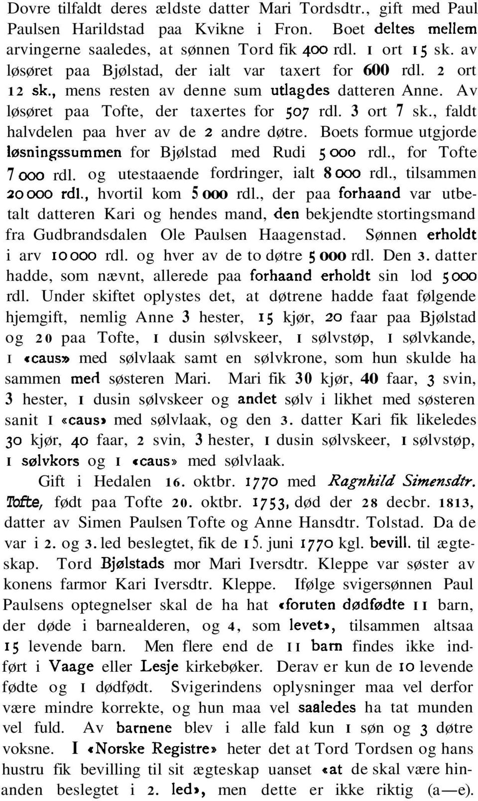 , faldt halvdelen paa hver av de 2 andre døtre. Boets formue utgjorde løsningssummen for Bjølstad med Rudi 5 000 rdl., for Tofte 7 0" rdl. og utestaaende fordringer, ialt 8 000 rdl.