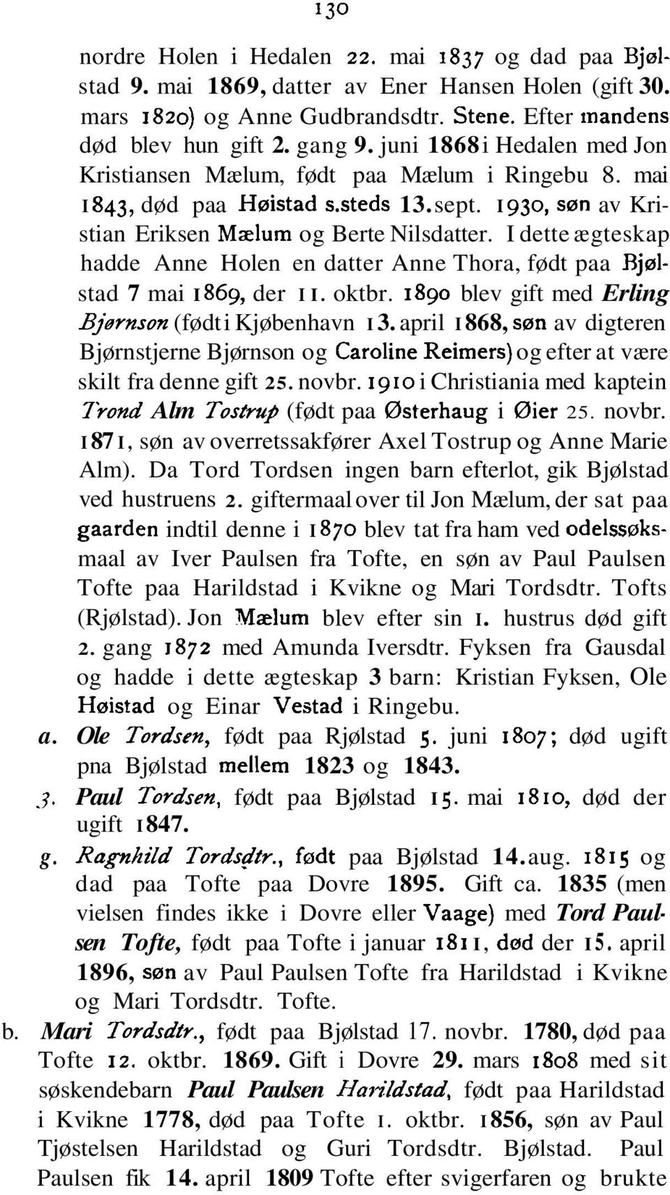 I dette ægteskap hadde Anne Holen en datter Anne Thora, født paa Rjølstad 7 mai I 869, der I I. oktbr. 1890 blev gift med Erling Bjmnson (født i Kjøbenhavn I 3.