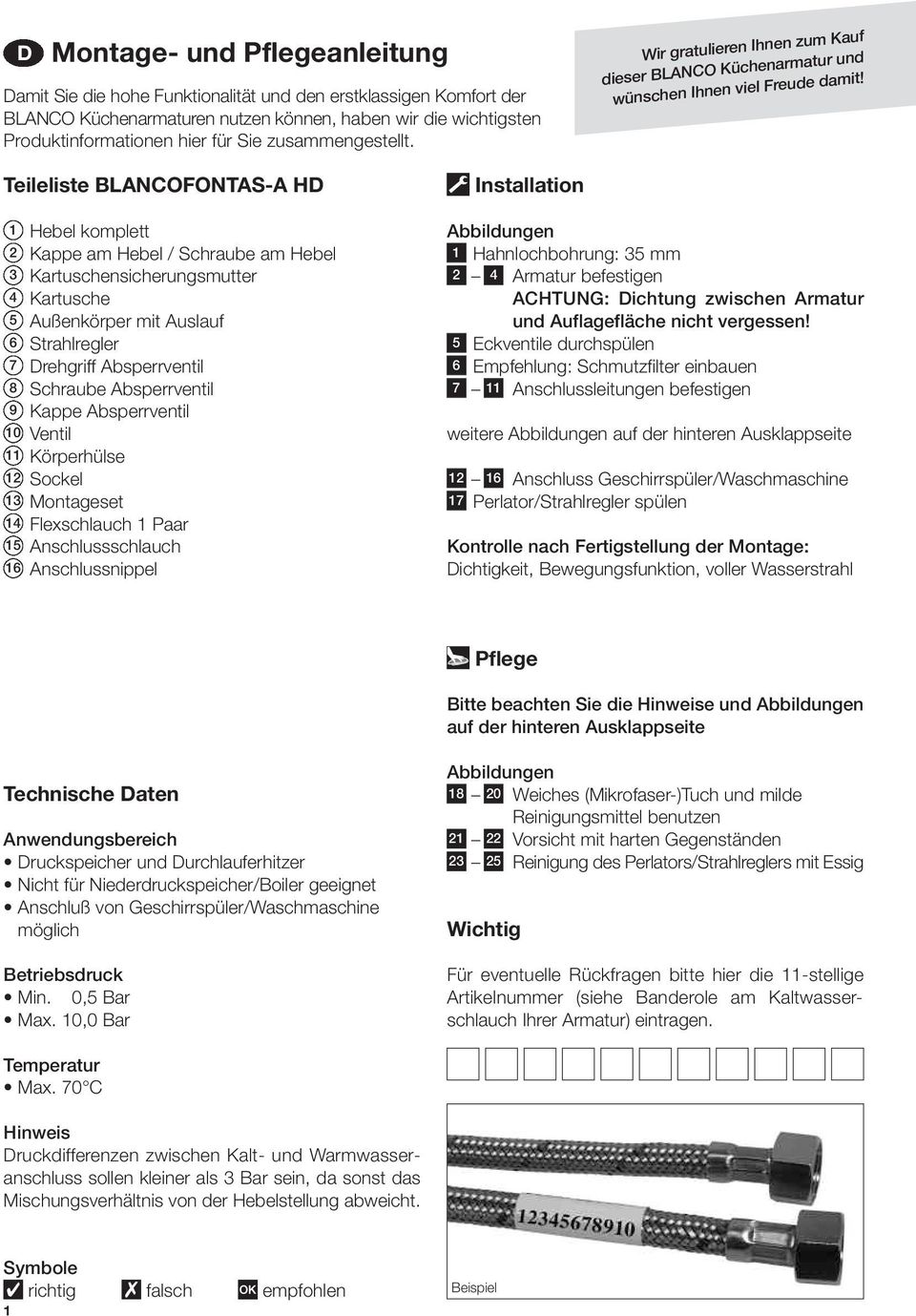 Teileliste BLANCOFONTAS-A HD Hebel komplett Kappe am Hebel / Schraube am Hebel Kartuschensicherungsmutter Kartusche Außenkörper mit Auslauf Strahlregler Drehgriff Absperrventil Schraube Absperrventil