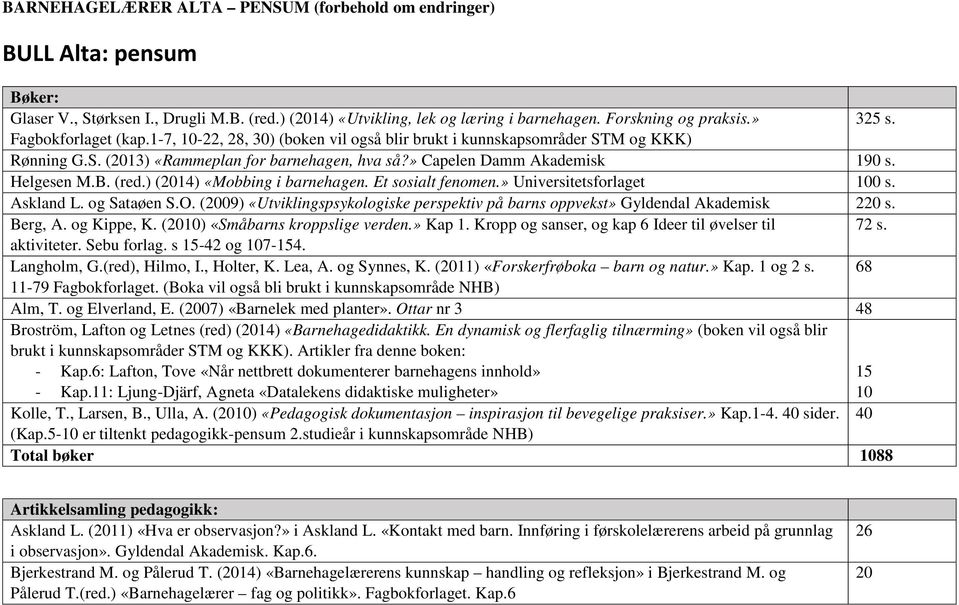 (red.) (2014) «Mobbing i barnehagen. Et sosialt fenomen.» Universitetsforlaget 0 s. Askland L. og Sataøen S.O. (2009) «Utviklingspsykologiske perspektiv på barns oppvekst» Gyldendal Akademisk 220 s.