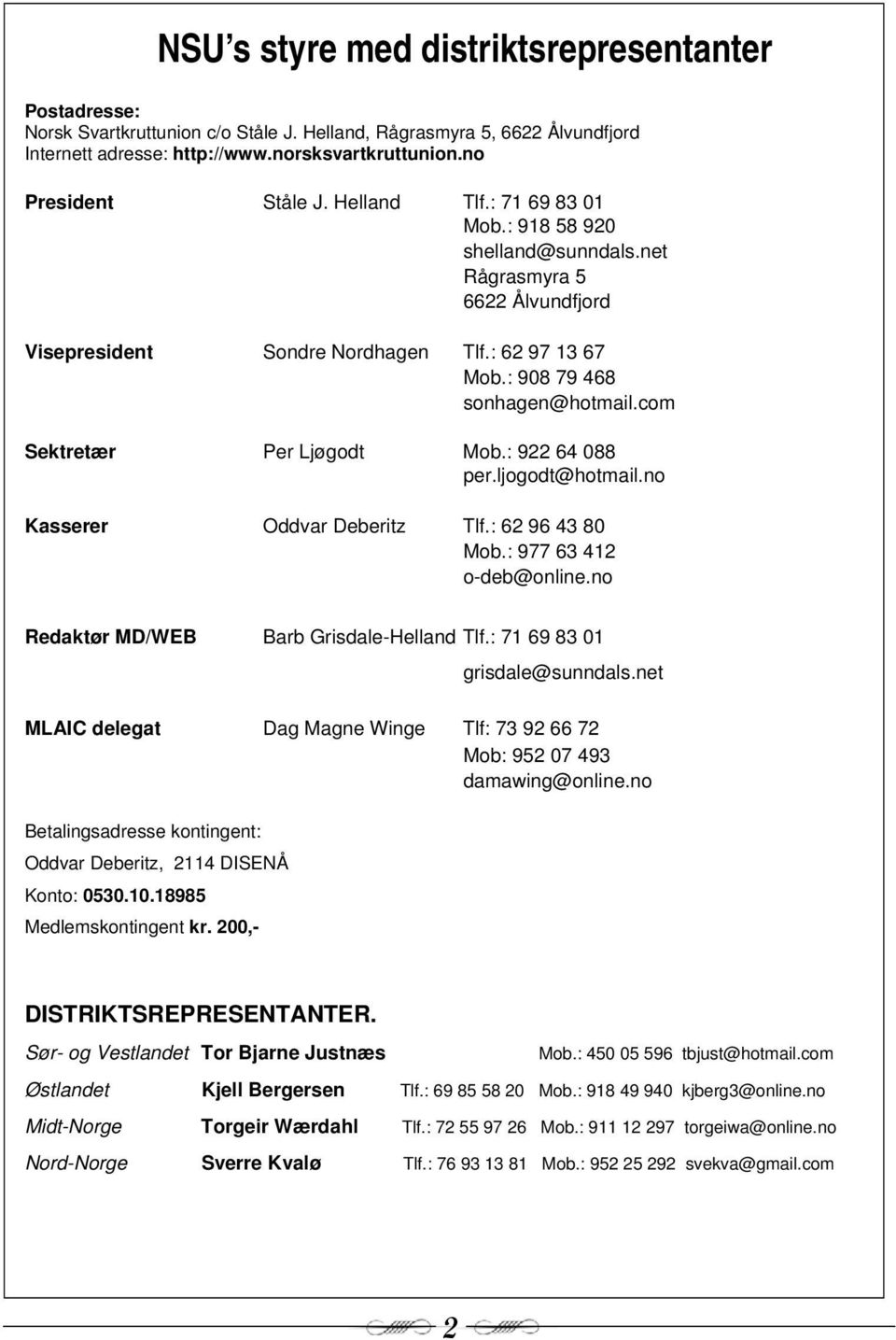 com Sektretær Per Ljøgodt Mob.: 922 64 088 per.ljogodt@hotmail.no Kasserer Oddvar Deberitz Tlf.: 62 96 43 80 Mob.: 977 63 412 o-deb@online.no Redaktør MD/WEB Barb Grisdale-Helland Tlf.