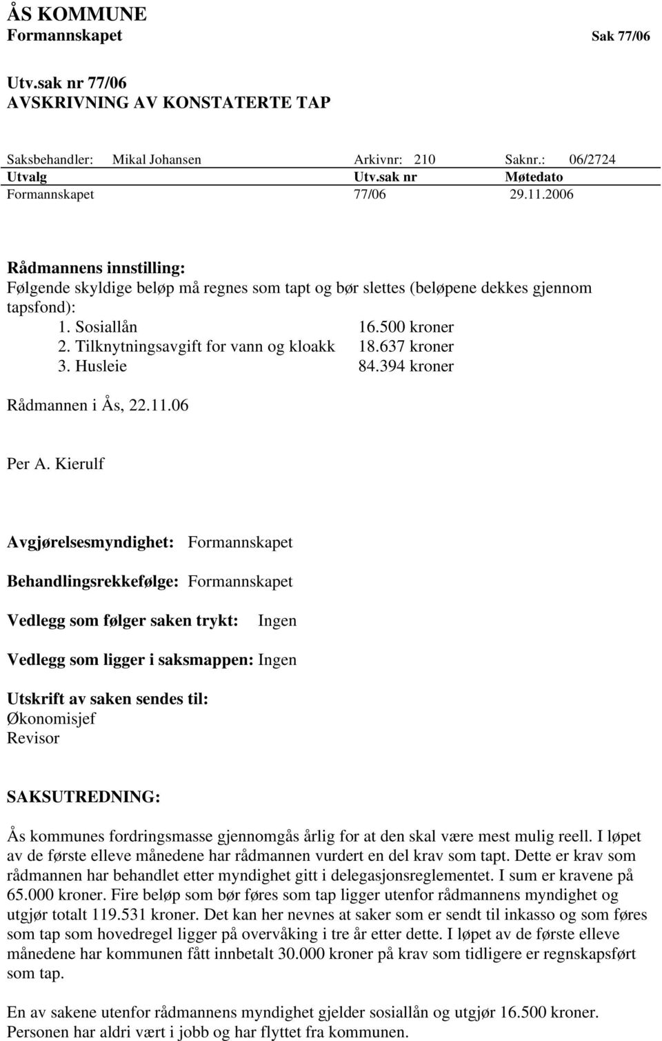 637 kroner 3. Husleie 84.394 kroner Rådmannen i Ås, 22.11.06 Per A.