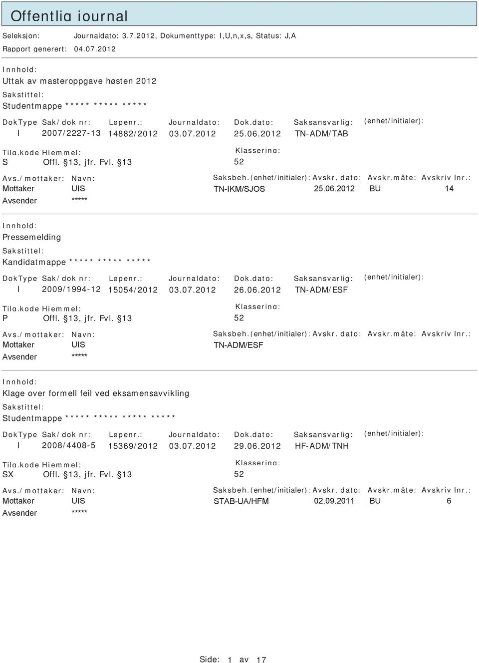 14882/2012 03.07.2012 25.06.2012 TN-ADM/TAB ressemelding Kandidatmappe ***** ***** ***** 2009/1994-12 15054/2012 03.