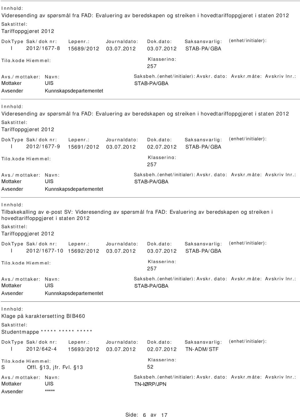 2012 TAB-A/GBA 257 Videresending av spørsmål fra FAD: Evaluering av beredskapen og streiken i hovedtariffoppgjøret i staten 2012 Tariffoppgjøret 2012 2012/1677-9 15691/2012 02.07.