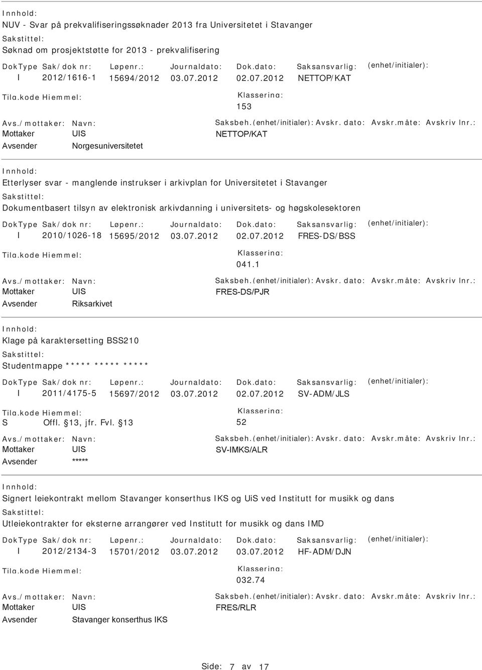 2012 NETTO/KAT 153 Etterlyser svar - manglende instrukser i arkivplan for niversitetet i tavanger Dokumentbasert tilsyn av elektronisk arkivdanning i universitets- og høgskolesektoren