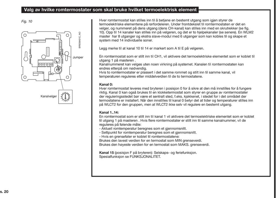 Under frontdekslet til romtermostaten er det en velger, og nummeret på dens utgang (dens CH-kanal) kan stilles inn med en skrutrekker (se fig. 10).