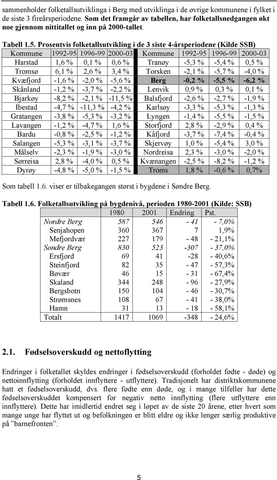 Prosentvis folketallsutvikling i de 3 siste 4-årsperiodene (Kilde SSB) Kommune 1992-95 1996-99 2000-03 Kommune 1992-95 1996-99 2000-03 Harstad 1,6 % 0,1 % 0,6 % Tranøy -5,3 % -5,4 % 0,5 % Tromsø 6,1