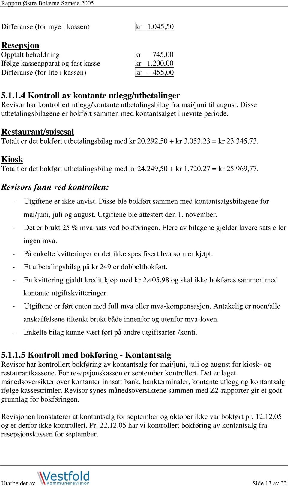 Kiosk Totalt er det bokført utbetalingsbilag med kr 24.249,50 + kr 1.720,27 = kr 25.969,77. - Utgiftene er ikke anvist. Disse ble bokført sammen med kontantsalgsbilagene for mai/juni, juli og august.