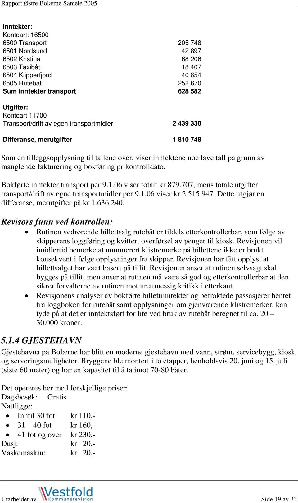 fakturering og bokføring pr kontrolldato. Bokførte inntekter transport per 9.1.06 viser totalt kr 879.707, mens totale utgifter transport/drift av egne transportmidler per 9.1.06 viser kr 2.515.947.