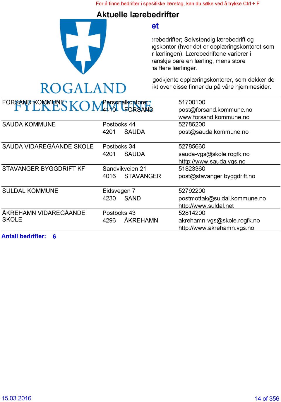 I Rogaland er det 33 godkjente opplæringskontorer, som dekker de fleste bransjer, oversikt over disse finner du på våre hjemmesider.