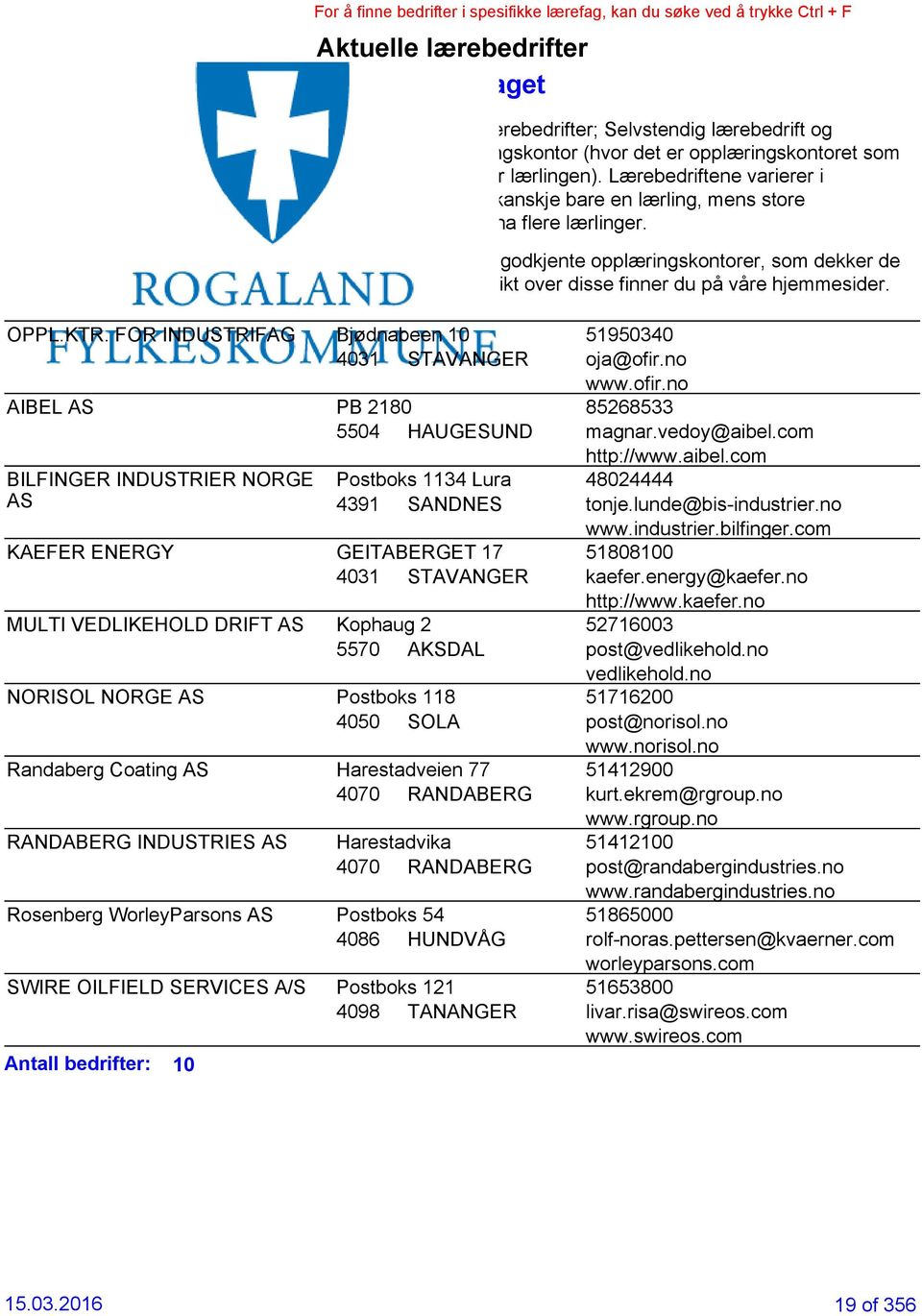 I Rogaland er det 33 godkjente opplæringskontorer, som dekker de fleste bransjer, oversikt over disse finner du på våre hjemmesider. OPPL.KTR.