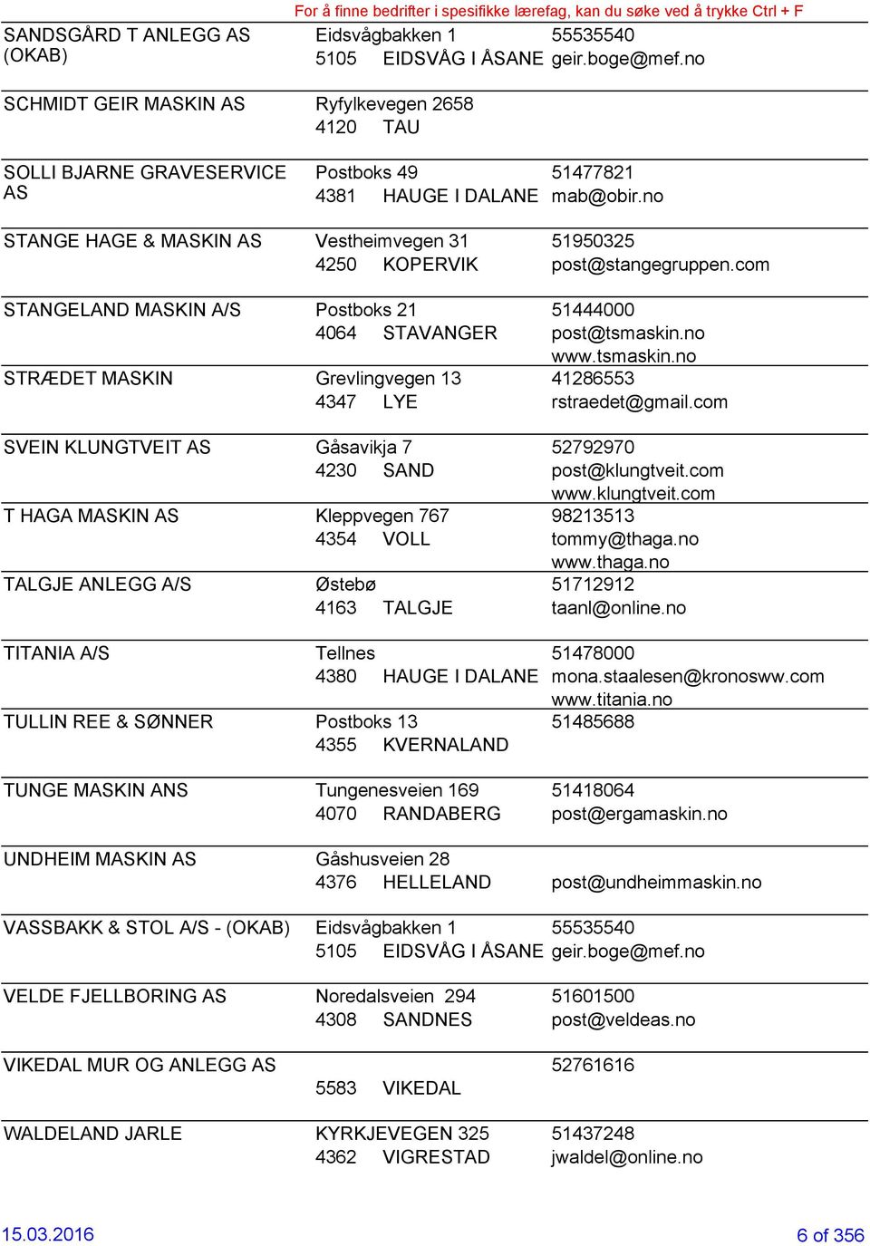 no STANGE HAGE & MASKIN AS Vestheimvegen 31 51950325 4250 KOPERVIK post@stangegruppen.com STANGELAND MASKIN A/S Postboks 21 51444000 4064 STAVANGER post@tsmaskin.