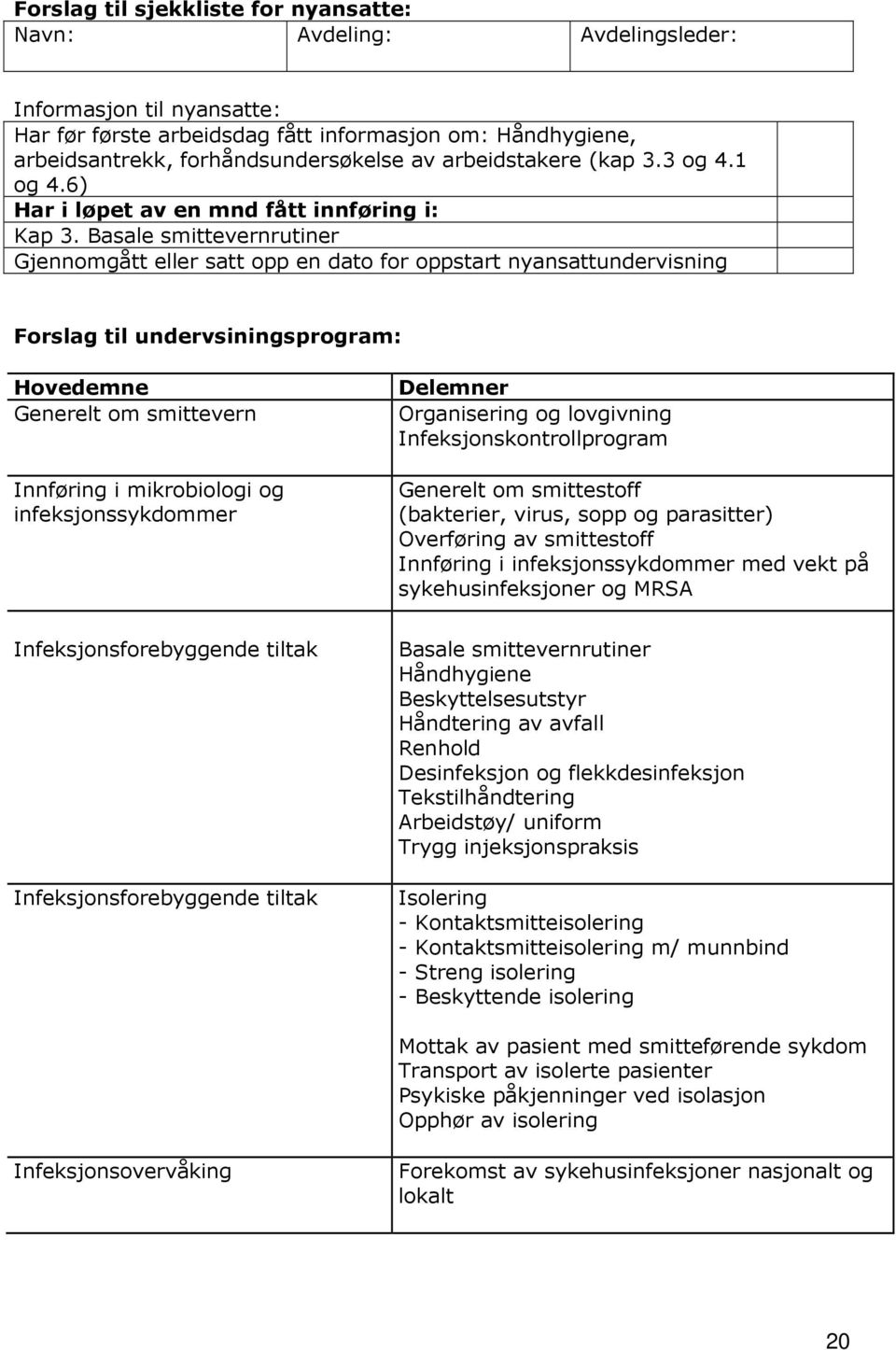 Basale smittevernrutiner Gjennomgått eller satt opp en dato for oppstart nyansattundervisning Forslag til undervsiningsprogram: Hovedemne Generelt om smittevern Innføring i mikrobiologi og