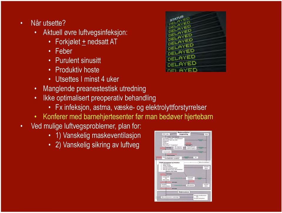 minst 4 uker Manglende preanestestisk utredning Ikke optimalisert preoperativ behandling Fx infeksjon,