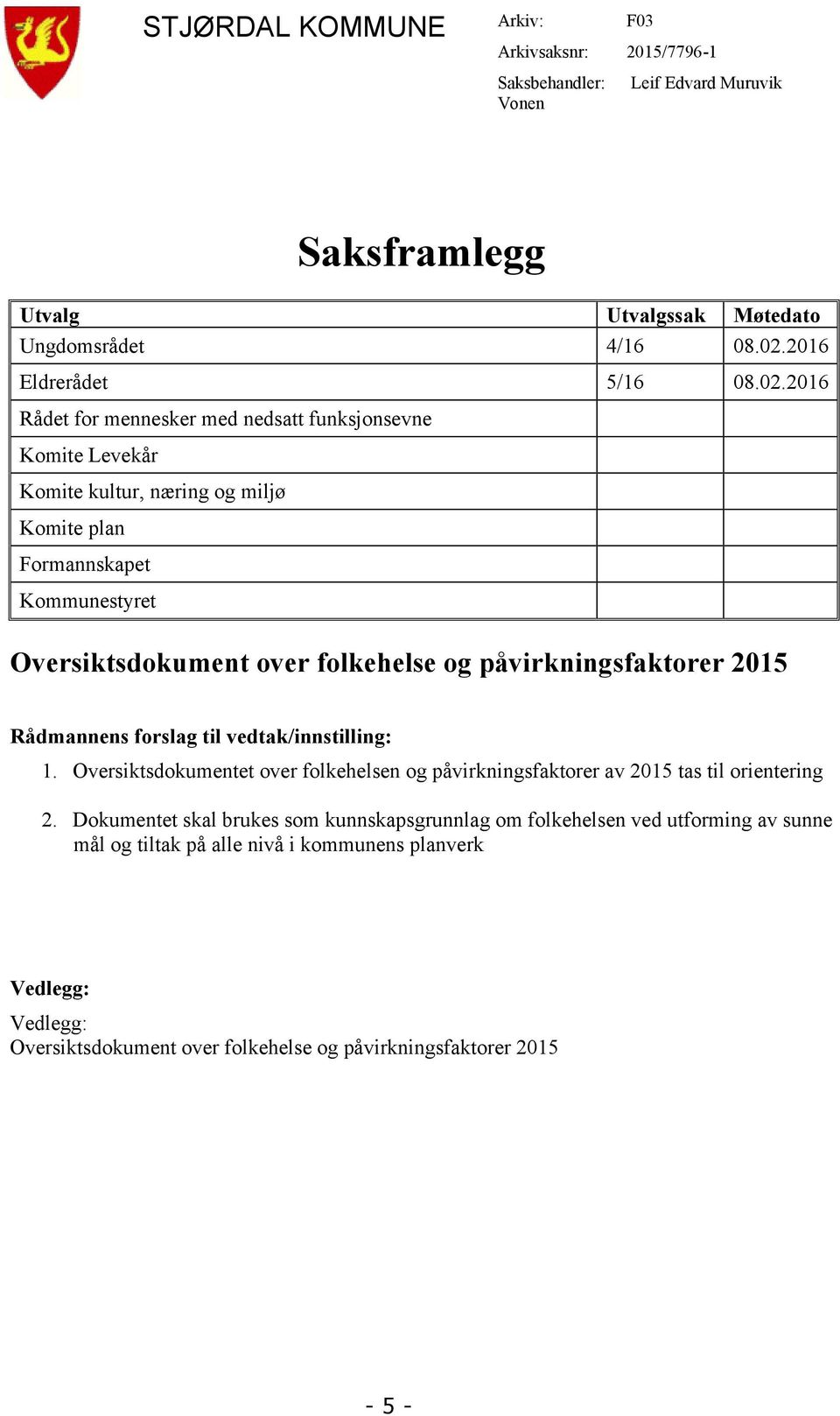 påvirkningsfaktorer 2015 Rådmannens forslag til vedtak/innstilling: 1. Oversiktsdokumentet over folkehelsen og påvirkningsfaktorer av 2015 tas til orientering 2.