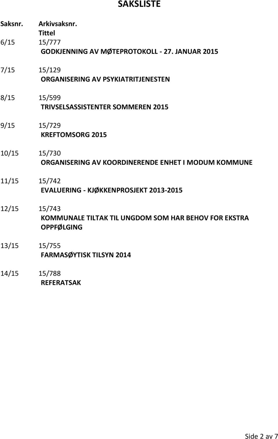 KREFTOMSORG 2015 10/15 15/730 ORGANISERING AV KOORDINERENDE ENHET I MODUM KOMMUNE 11/15 15/742 EVALUERING -