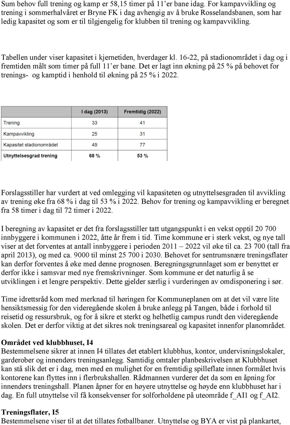 Tabellen under viser kapasitet i kjernetiden, hverdager kl. 16-22, på stadionområdet i dag og i fremtiden målt som timer på full 11 er bane.