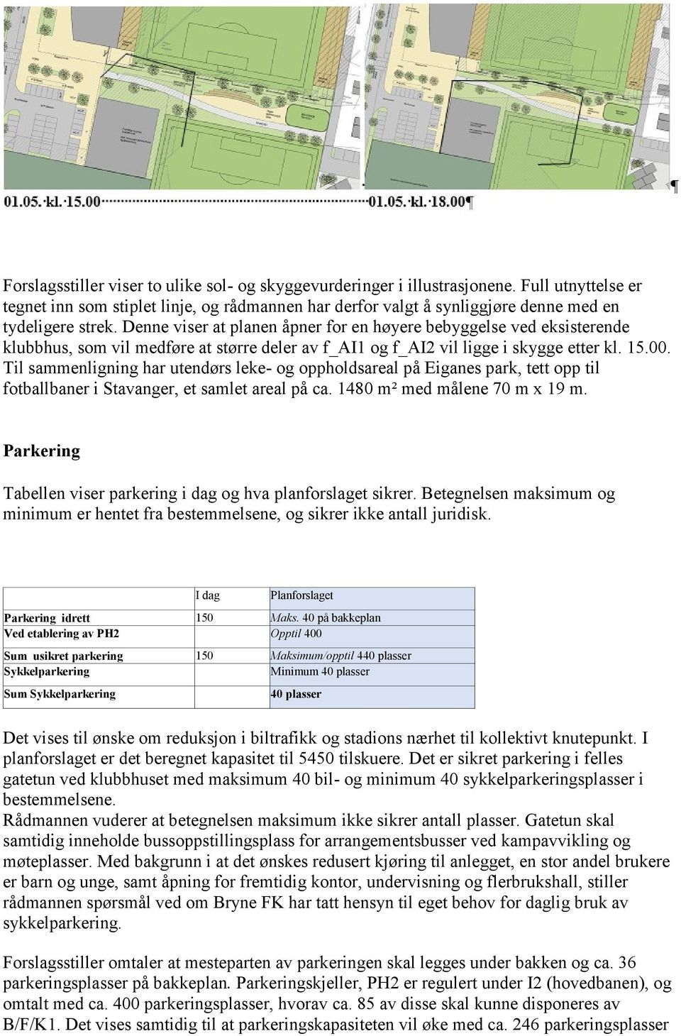 Til sammenligning har utendørs leke- og oppholdsareal på Eiganes park, tett opp til fotballbaner i Stavanger, et samlet areal på ca. 1480 m² med målene 70 m x 19 m.