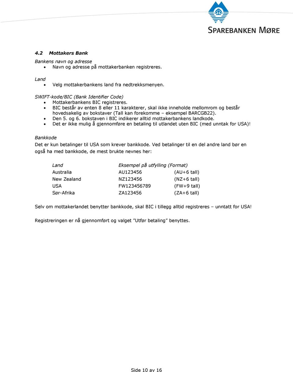 BIC består av enten 8 eller 11 karakterer, skal ikke inneholde mellomrom og består hovedsakelig av bokstaver (Tall kan forekomme eksempel BARCGB22). Den 5. og 6.