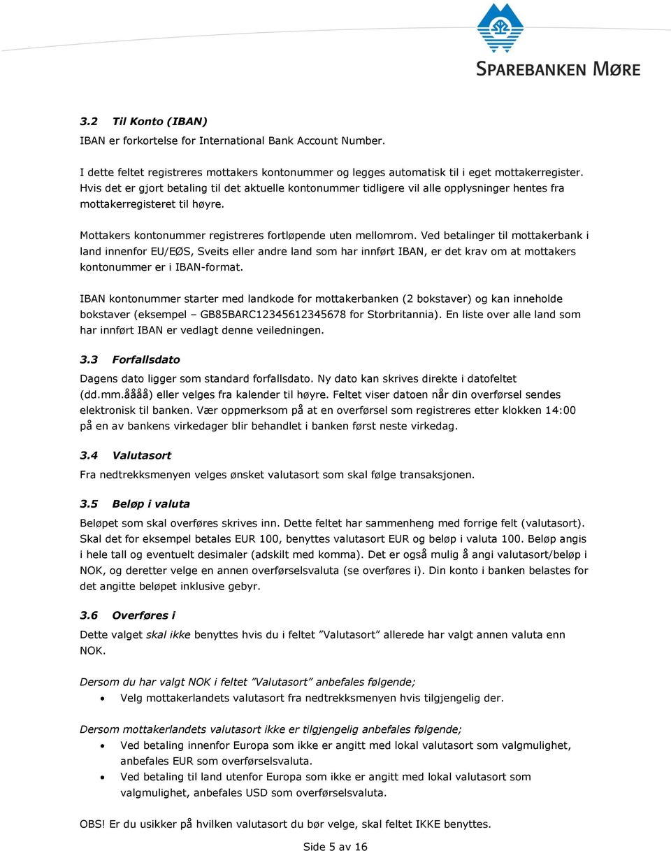 Ved betalinger til mottakerbank i land innenfor EU/EØS, Sveits eller andre land som har innført IBAN, er det krav om at mottakers kontonummer er i IBAN-format.