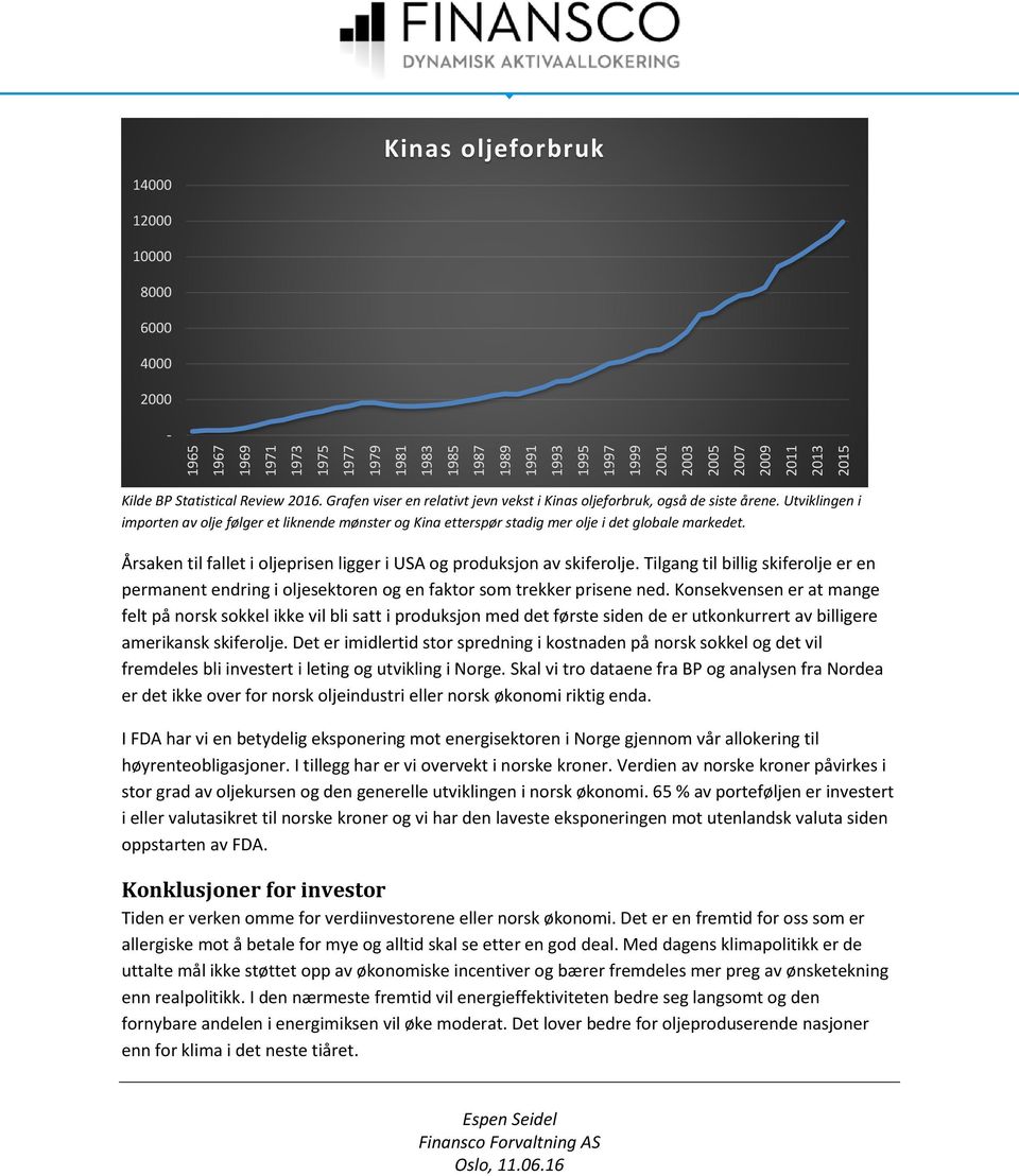 Utviklingen i importen av olje følger et liknende mønster og Kina etterspør stadig mer olje i det globale markedet. Årsaken til fallet i oljeprisen ligger i USA og produksjon av skiferolje.