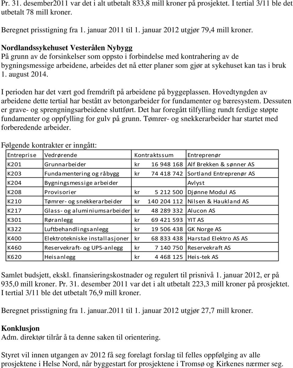 Nordlandssykehuset Vesterålen Nybygg På grunn av de forsinkelser som oppsto i forbindelse med kontrahering av de bygningsmessige arbeidene, arbeides det nå etter planer som gjør at sykehuset kan tas