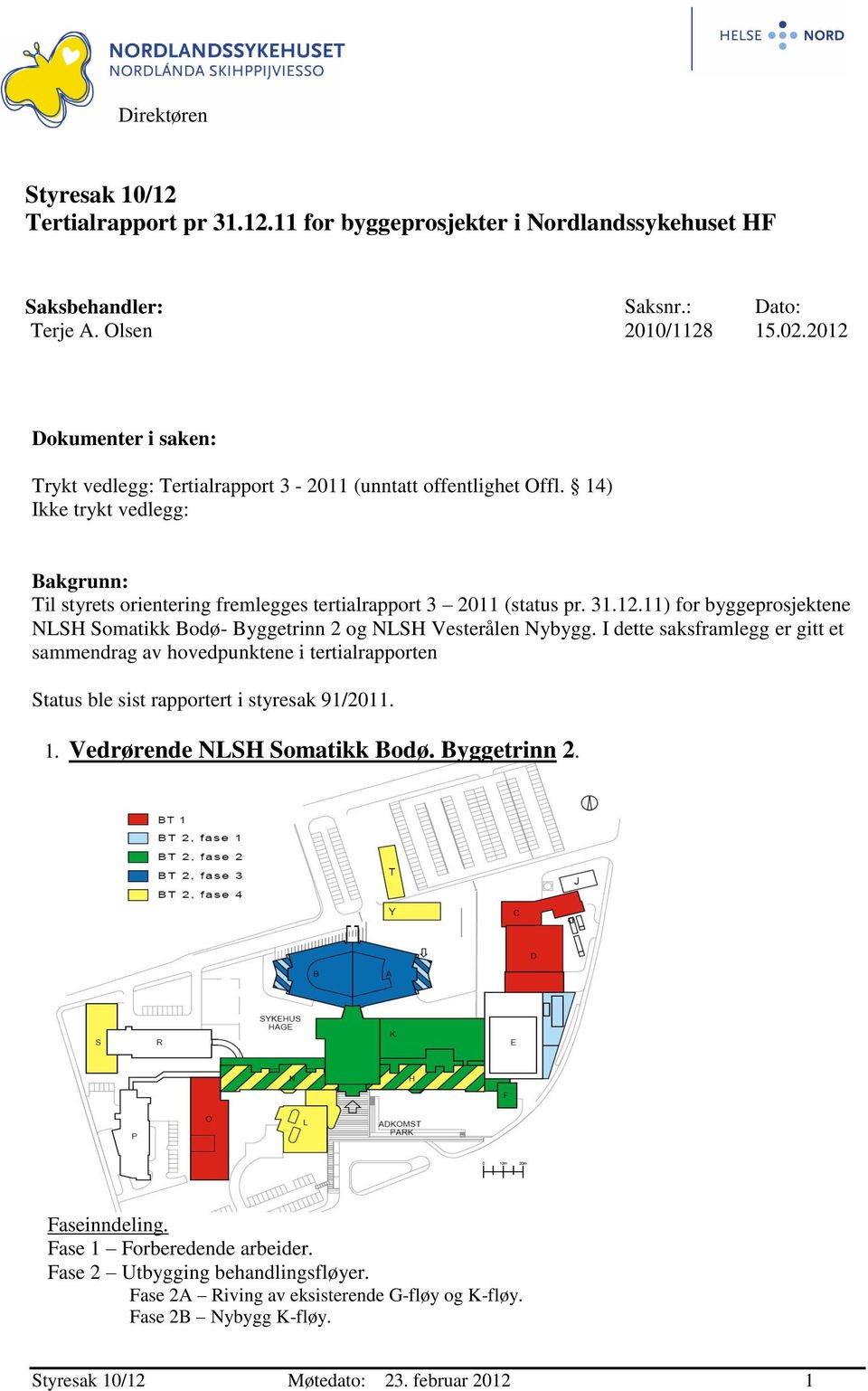 I dette saksframlegg er gitt et sammendrag av hovedpunktene i tertialrapporten Status ble sist rapportert i styresak 91/2011. 1. Vedrørende NLSH Somatikk Bodø. Byggetrinn 2. Faseinndeling.