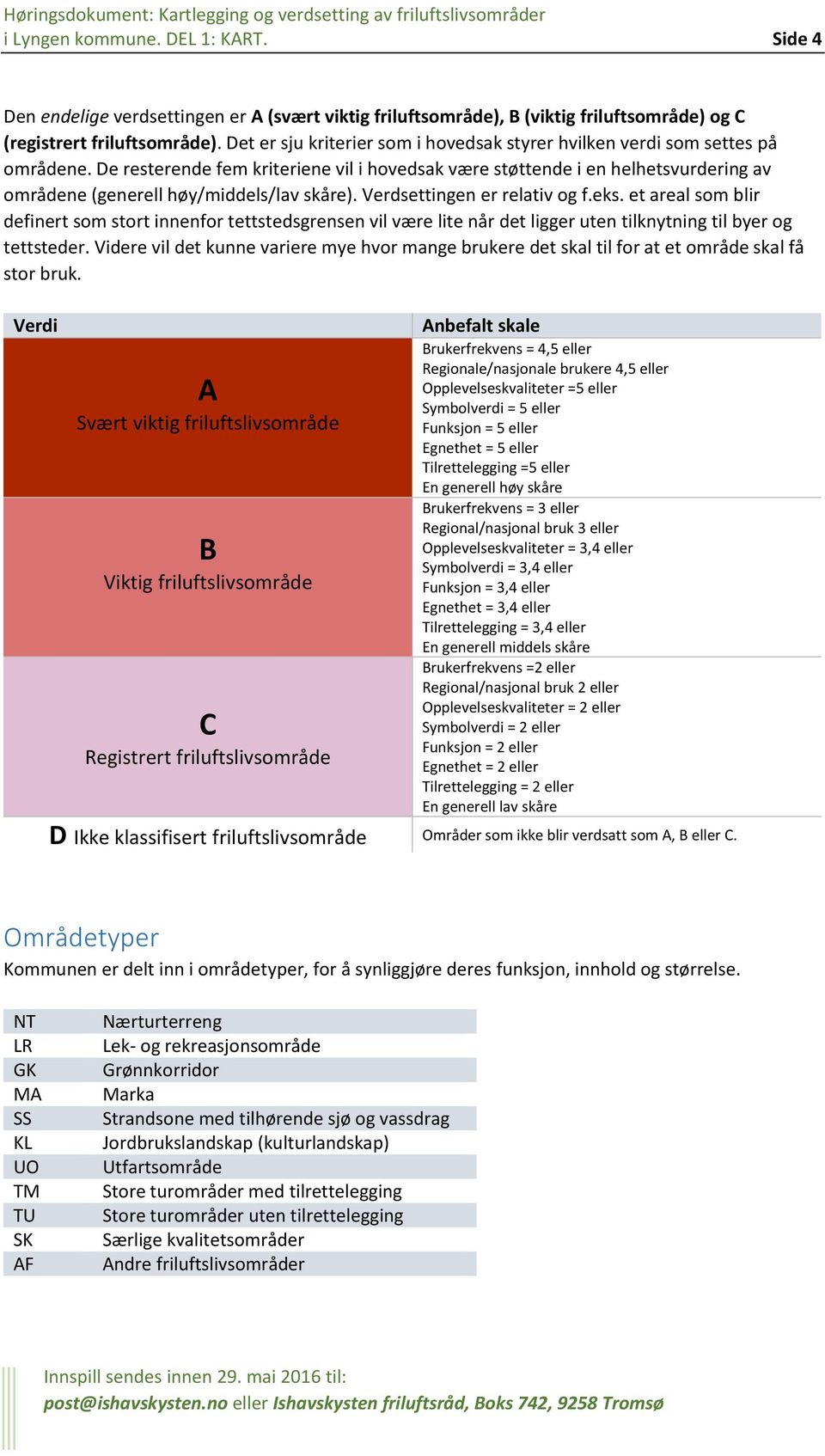 De resterende fem kriteriene vil i hovedsak være støttende i en helhetsvurdering av områdene (generell høy/middels/lav skåre). Verdsettingen er relativ og f.eks.