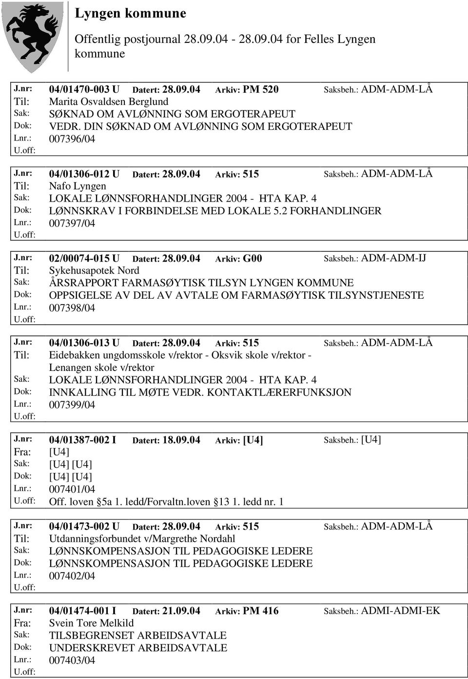 : ADM-ADM-IJ Til: Sykehusapotek Nord Sak: ÅRSRAPPORT FARMASØ YTISK TILSYN LYNGEN KOMMUNE Dok: OPPSIGELSE AV DEL AV AVTALE OM FARMASØ YTISK TILSYNSTJENESTE Lnr.