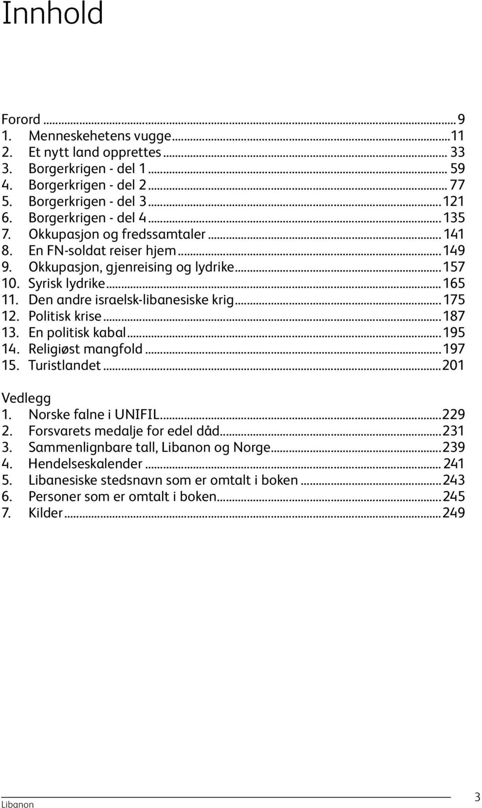 Den andre israelsk-libanesiske krig...175 12. Politisk krise...187 13. En politisk kabal...195 14. Religiøst mangfold...197 15. Turistlandet...201 Vedlegg 1. Norske falne i UNIFIL...229 2.