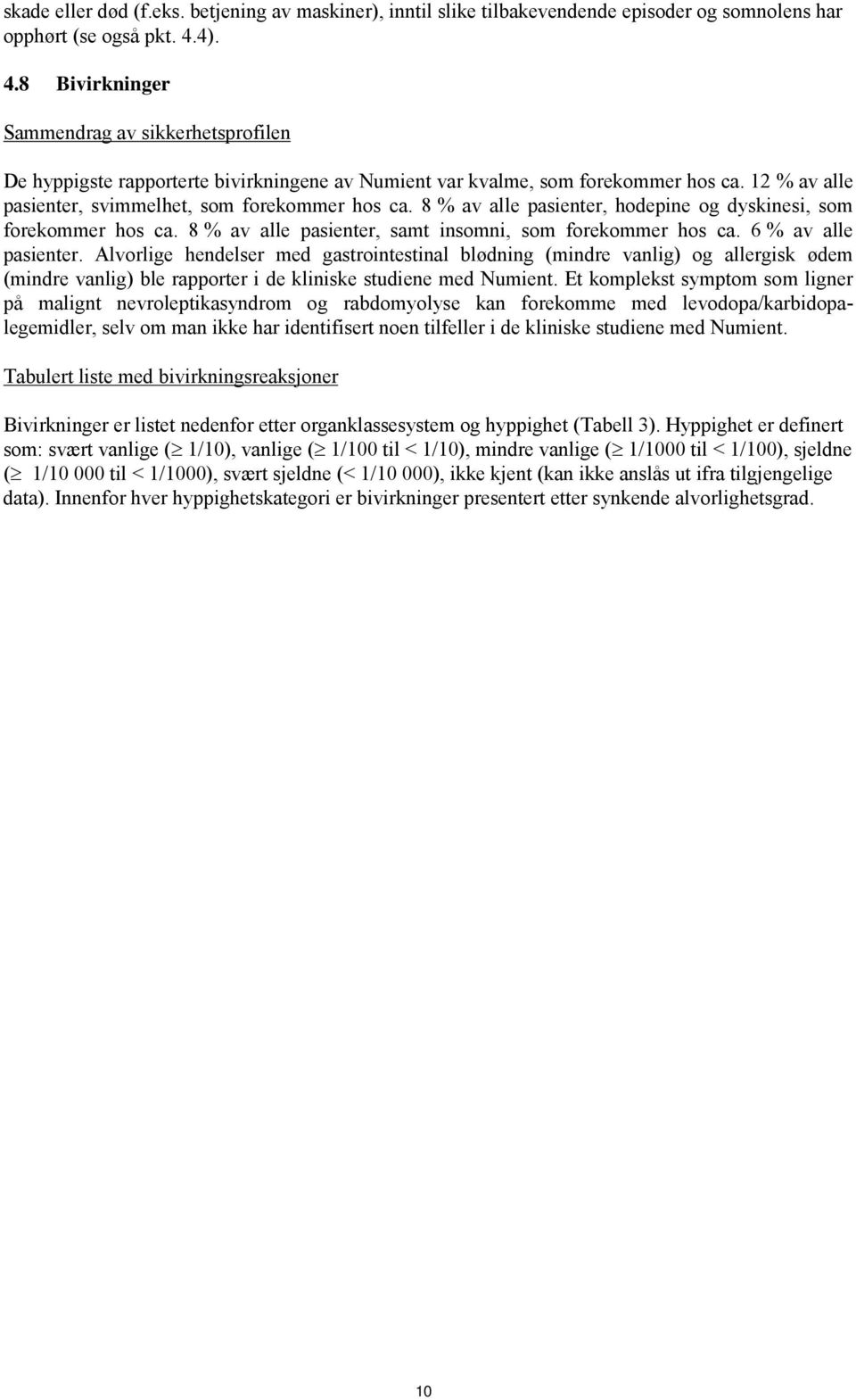 8 % av alle pasienter, hodepine og dyskinesi, som forekommer hos ca. 8 % av alle pasienter, samt insomni, som forekommer hos ca. 6 % av alle pasienter.