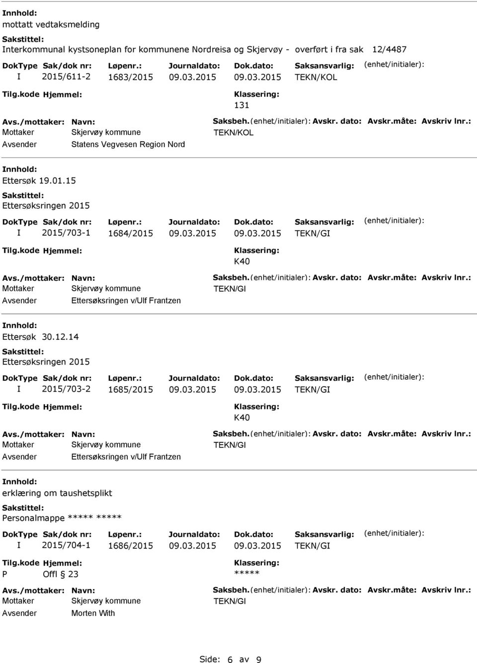 12.14 ttersøksringen 2015 2015/703-2 1685/2015 TKN/G K40 TKN/G Avsender ttersøksringen v/ulf Frantzen nnhold: erklæring om taushetsplikt