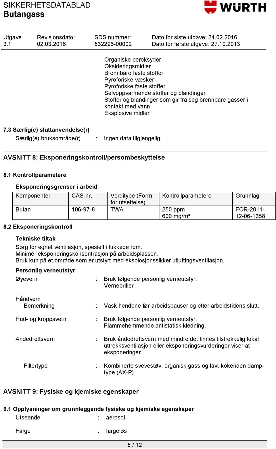 1 Kontrollparametere Eksponeringsgrenser i arbeid Komponenter CAS-nr. Verditype (Form for utsettelse) Kontrollparametere Butan 106-97-8 TWA 250 ppm 600 mg/m³ 8.