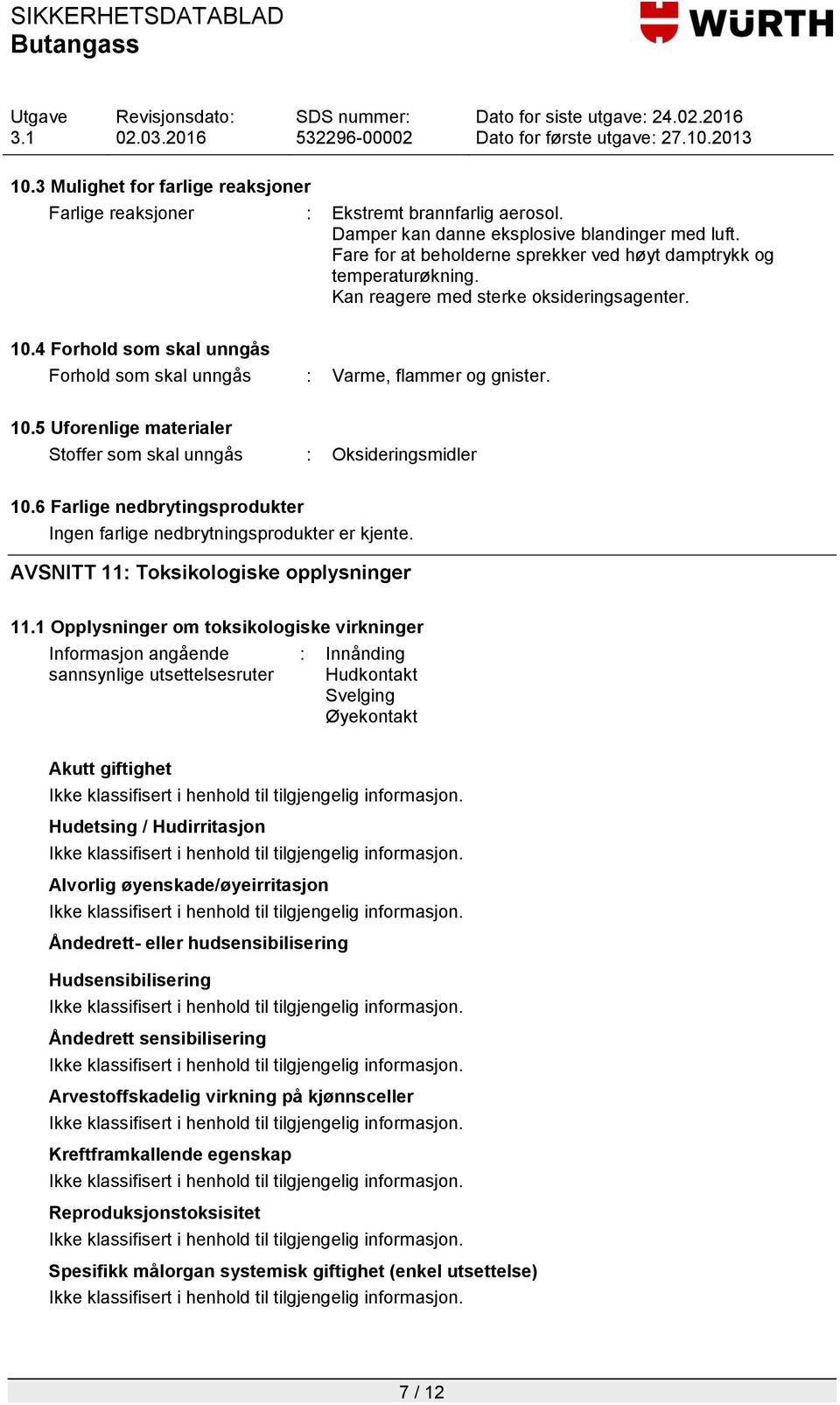 6 Farlige nedbrytingsprodukter Ingen farlige nedbrytningsprodukter er kjente. AVSNITT 11: Toksikologiske opplysninger 11.