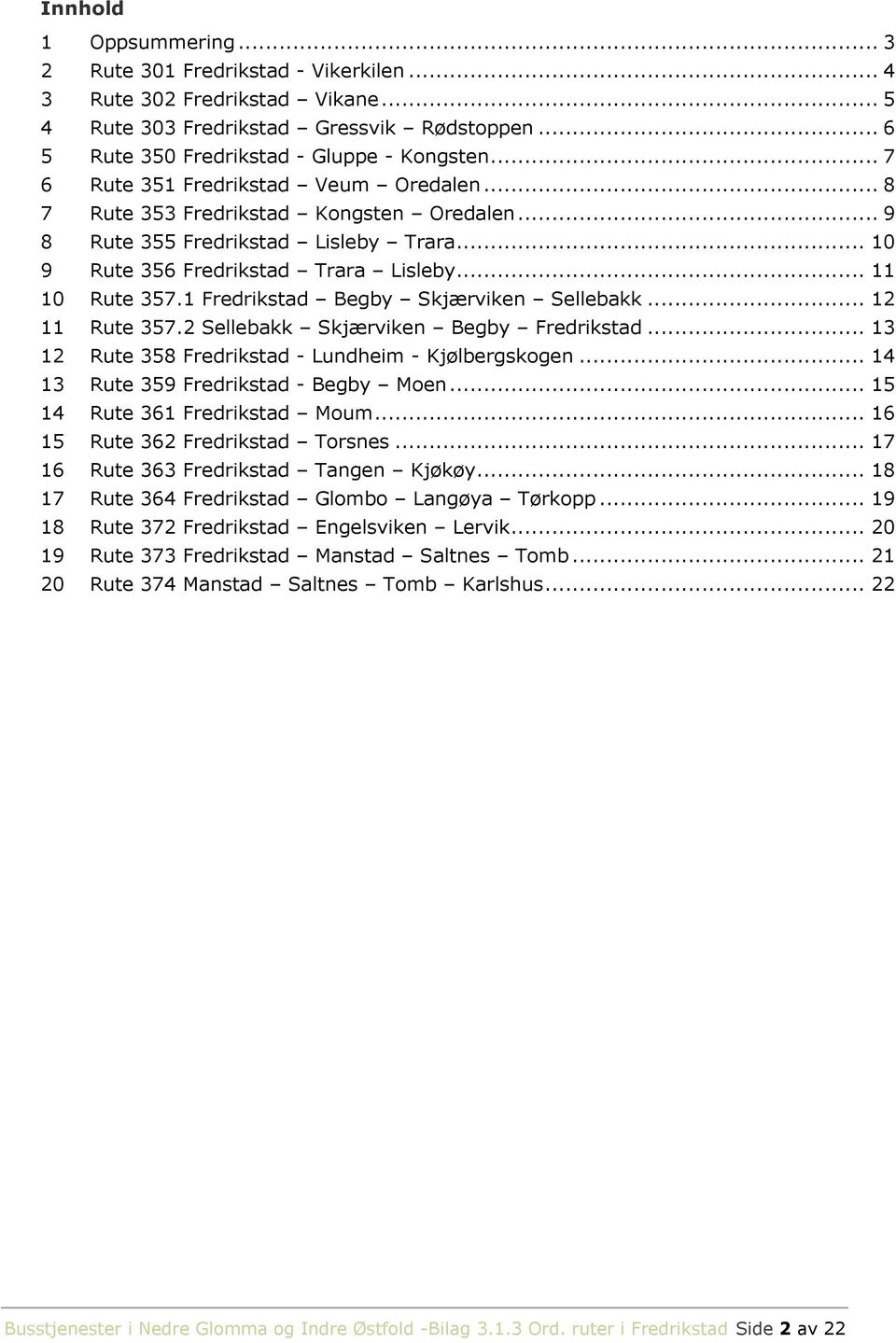 1 Fredrikstad Begby Skjærviken Sellebakk... 12 11 Rute 357.2 Sellebakk Skjærviken Begby Fredrikstad... 13 12 Rute 358 Fredrikstad - Lundhei - Kjølbergskogen... 14 13 Rute 359 Fredrikstad - Begby Moen.