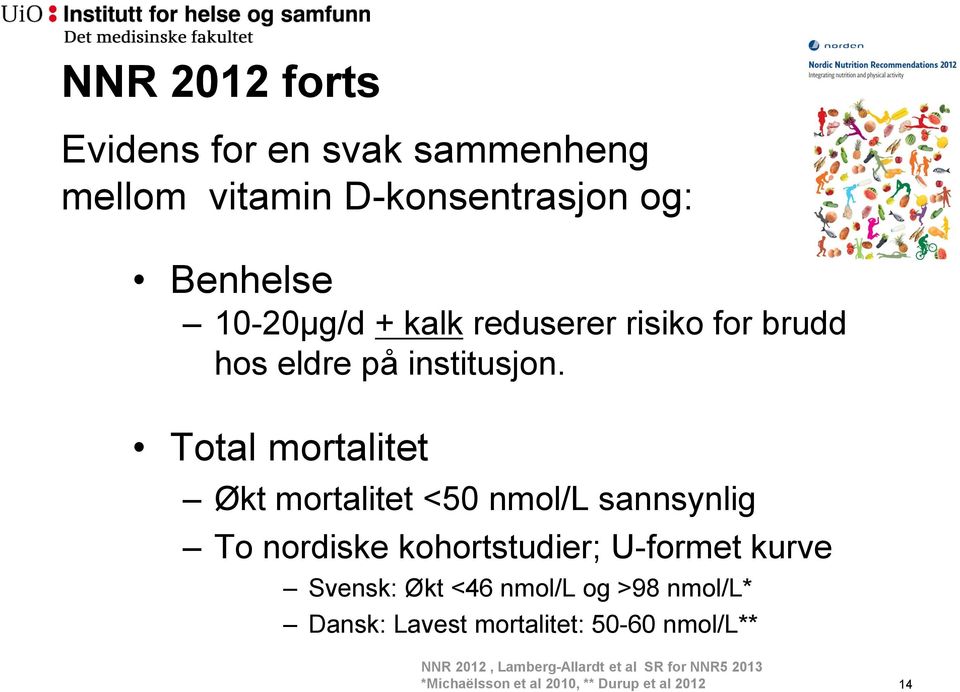 Total mortalitet Økt mortalitet <50 nmol/l sannsynlig To nordiske kohortstudier; U-formet kurve Svensk: Økt