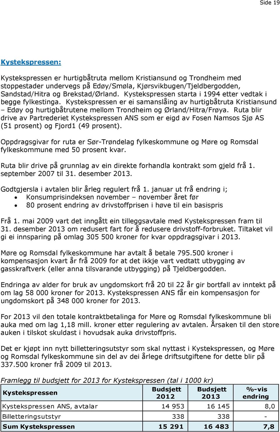 Ruta blir drive av Partrederiet Kystekspressen ANS som er eigd av Fosen Namsos Sjø AS (51 prosent) og Fjord1 (49 prosent).