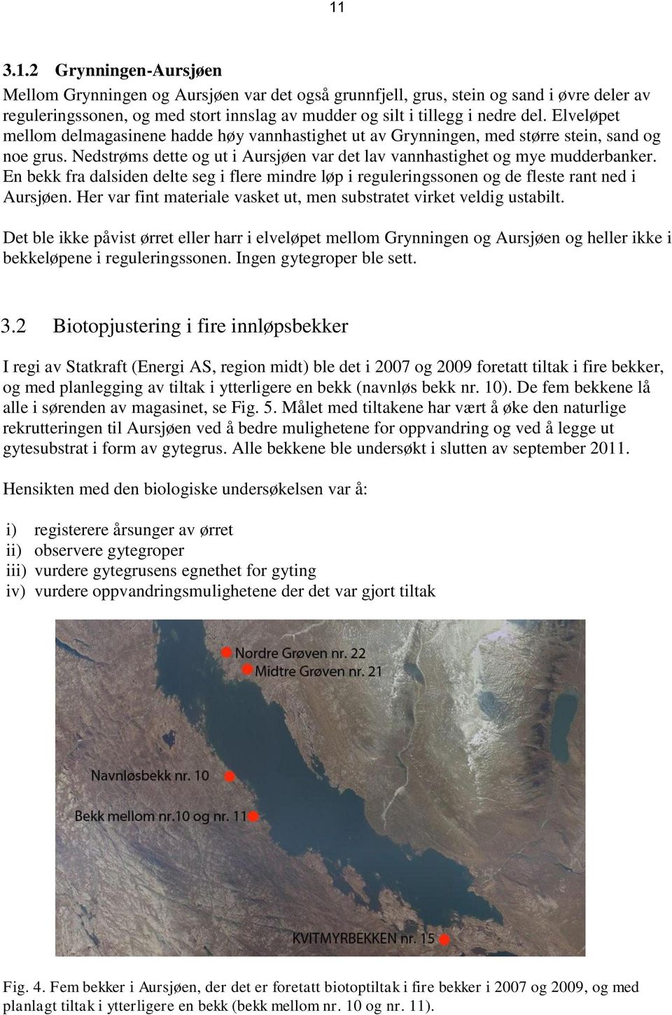 En bekk fra dalsiden delte seg i flere mindre løp i reguleringssonen og de fleste rant ned i Aursjøen. Her var fint materiale vasket ut, men substratet virket veldig ustabilt.