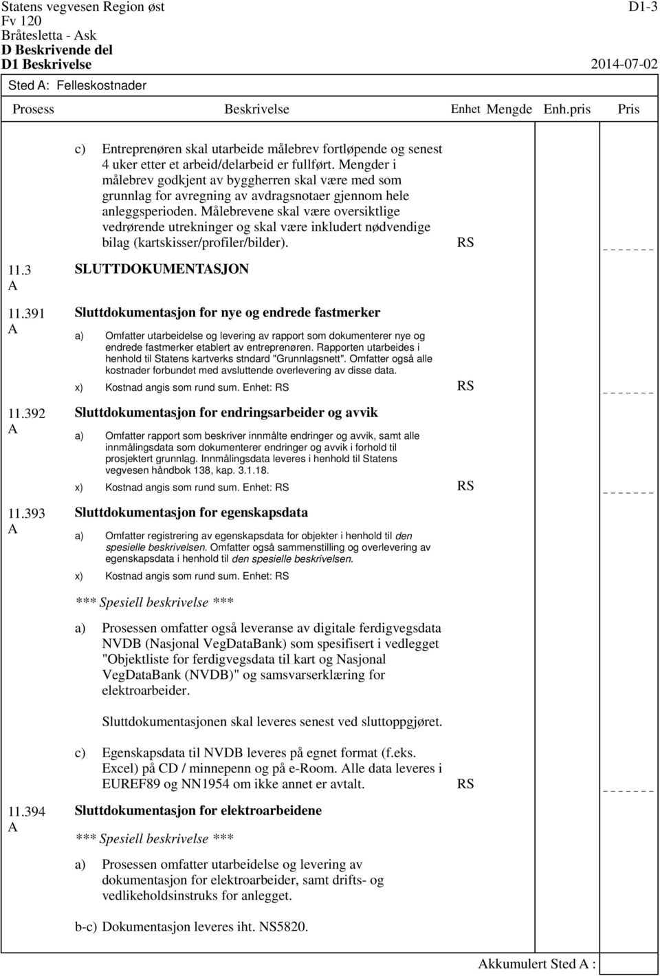 Målebrevene skal være oversiktlige vedrørende utrekninger og skal være inkludert nødvendige bilag (kartskisser/profiler/bilder). SLUTTDOKUMENTASJON RS 11.391 A 11.392 A 11.