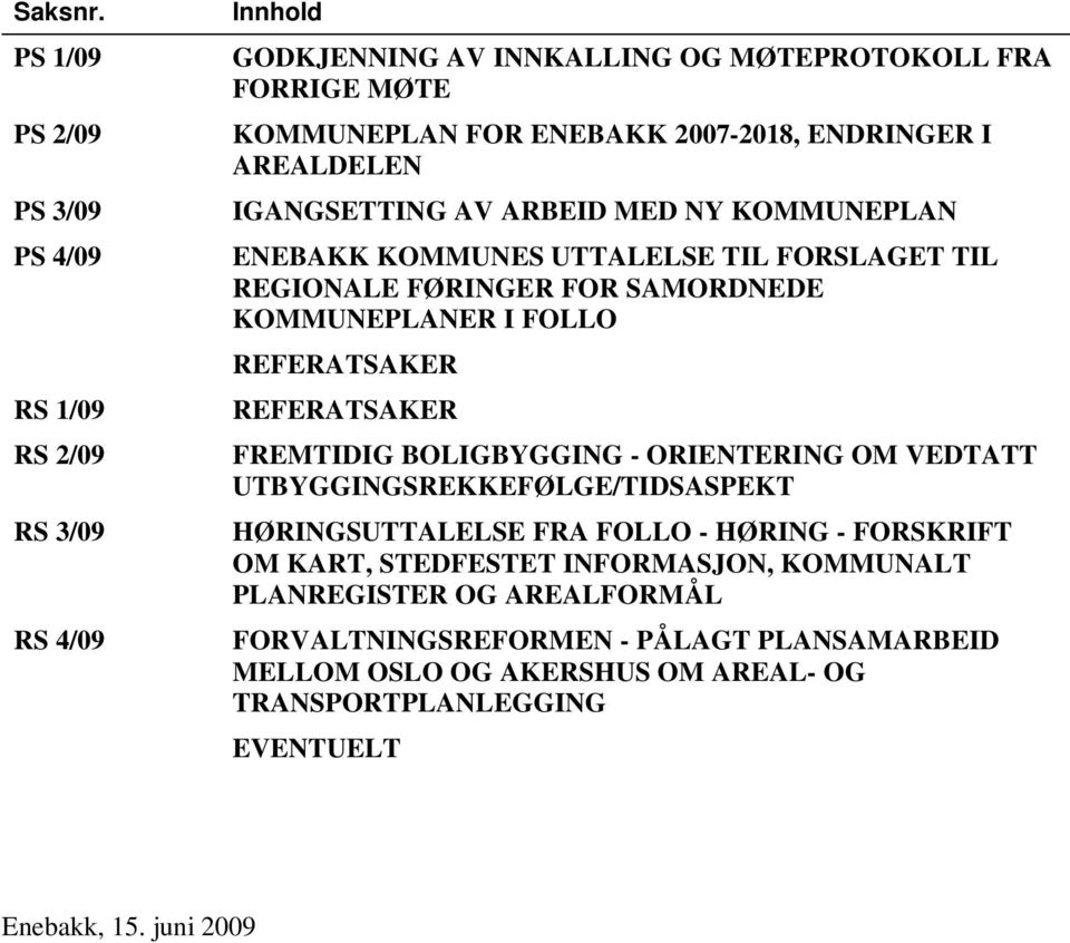 ENDRINGER I AREALDELEN IGANGSETTING AV ARBEID MED NY KOMMUNEPLAN ENEBAKK KOMMUNES UTTALELSE TIL FORSLAGET TIL REGIONALE FØRINGER FOR SAMORDNEDE KOMMUNEPLANER I FOLLO